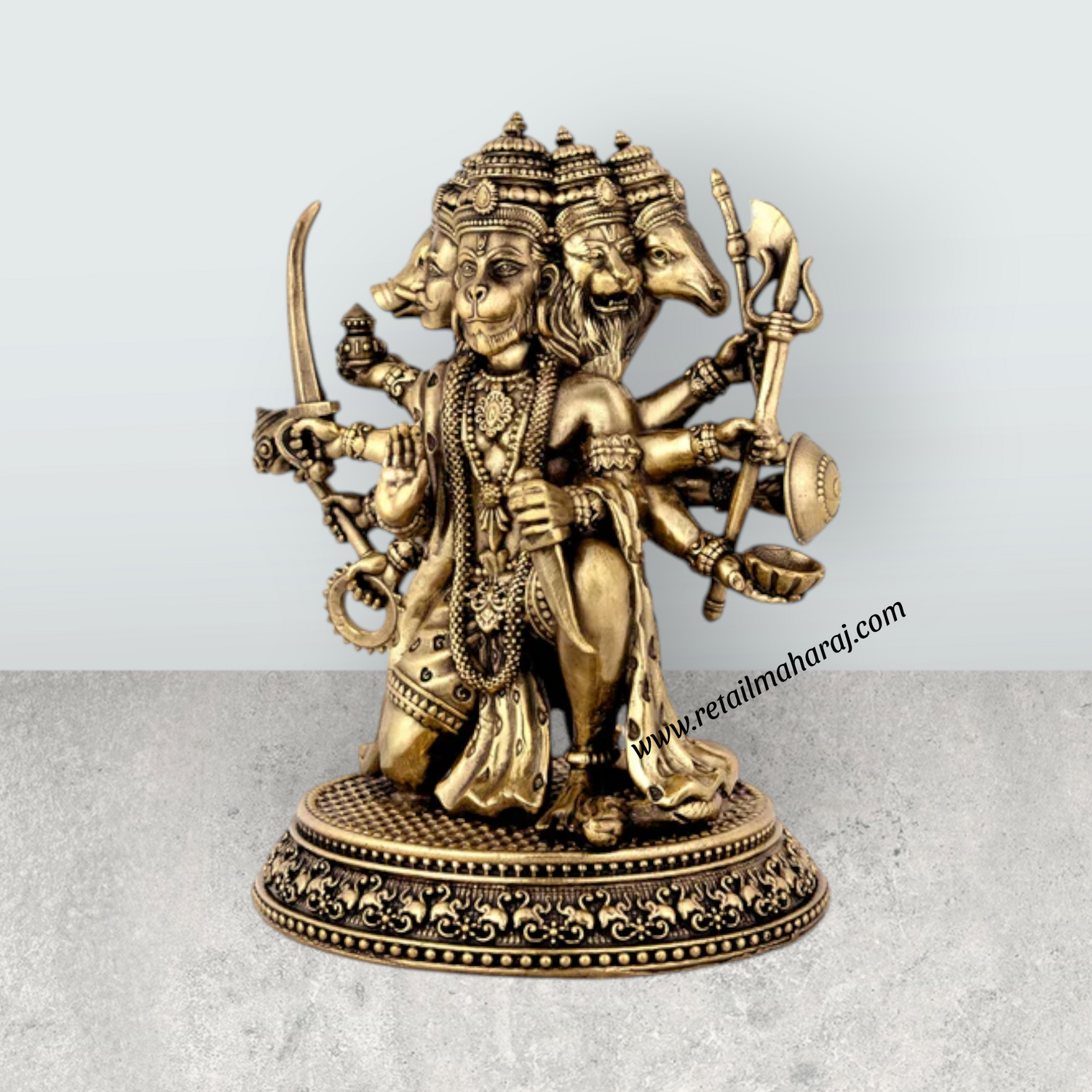 Panchamukhi Hanuman Mandi On Base Murti - 7 x 5.5 Inches | Antique Brass Anjaneyar Statue for Home & Pooja - Retail Maharaj