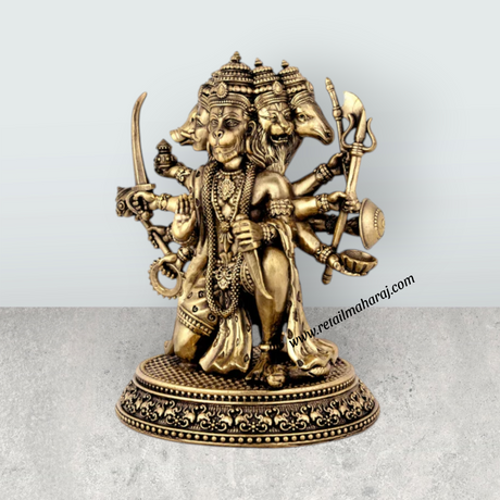 Panchamukhi Hanuman Mandi On Base Murti - 7 x 5.5 Inches | Antique Brass Anjaneyar Statue for Home & Pooja - Retail Maharaj