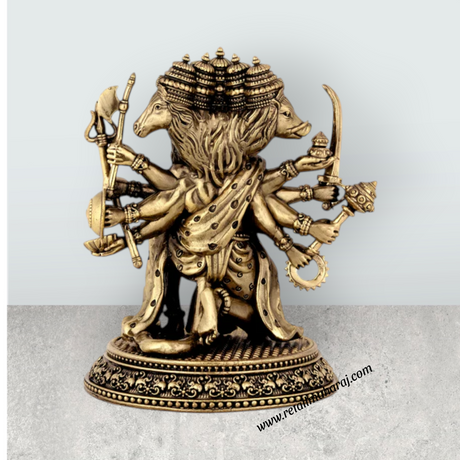 Panchamukhi Hanuman Mandi On Base Murti - 7 x 5.5 Inches | Antique Brass Anjaneyar Statue for Home & Pooja - Retail Maharaj