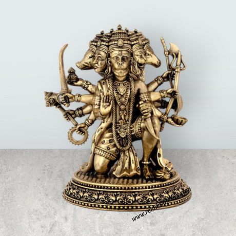 Panchamukhi Hanuman Mandi On Base Murti - 7 x 5.5 Inches | Antique Brass Anjaneyar Statue for Home & Pooja - Retail Maharaj