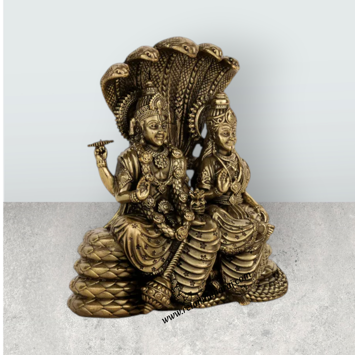 Vishnu Lakshmi Sitting on Sheshnag – 5.25 x 4.5 Inches | Antique Brass Vishnu Lakshmi Idol / Murti for Home & Pooja Decor - Retail Maharaj