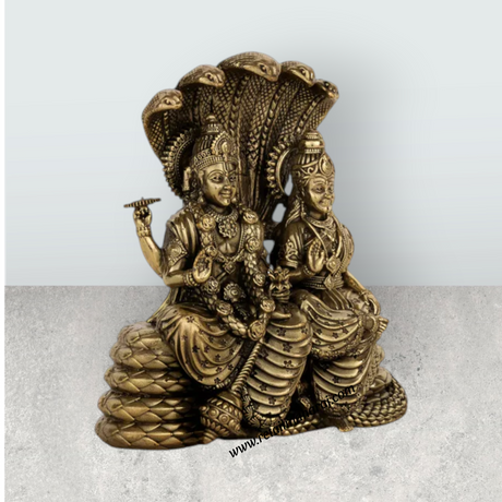 Vishnu Lakshmi Sitting on Sheshnag – 5.25 x 4.5 Inches | Antique Brass Vishnu Lakshmi Idol / Murti for Home & Pooja Decor - Retail Maharaj
