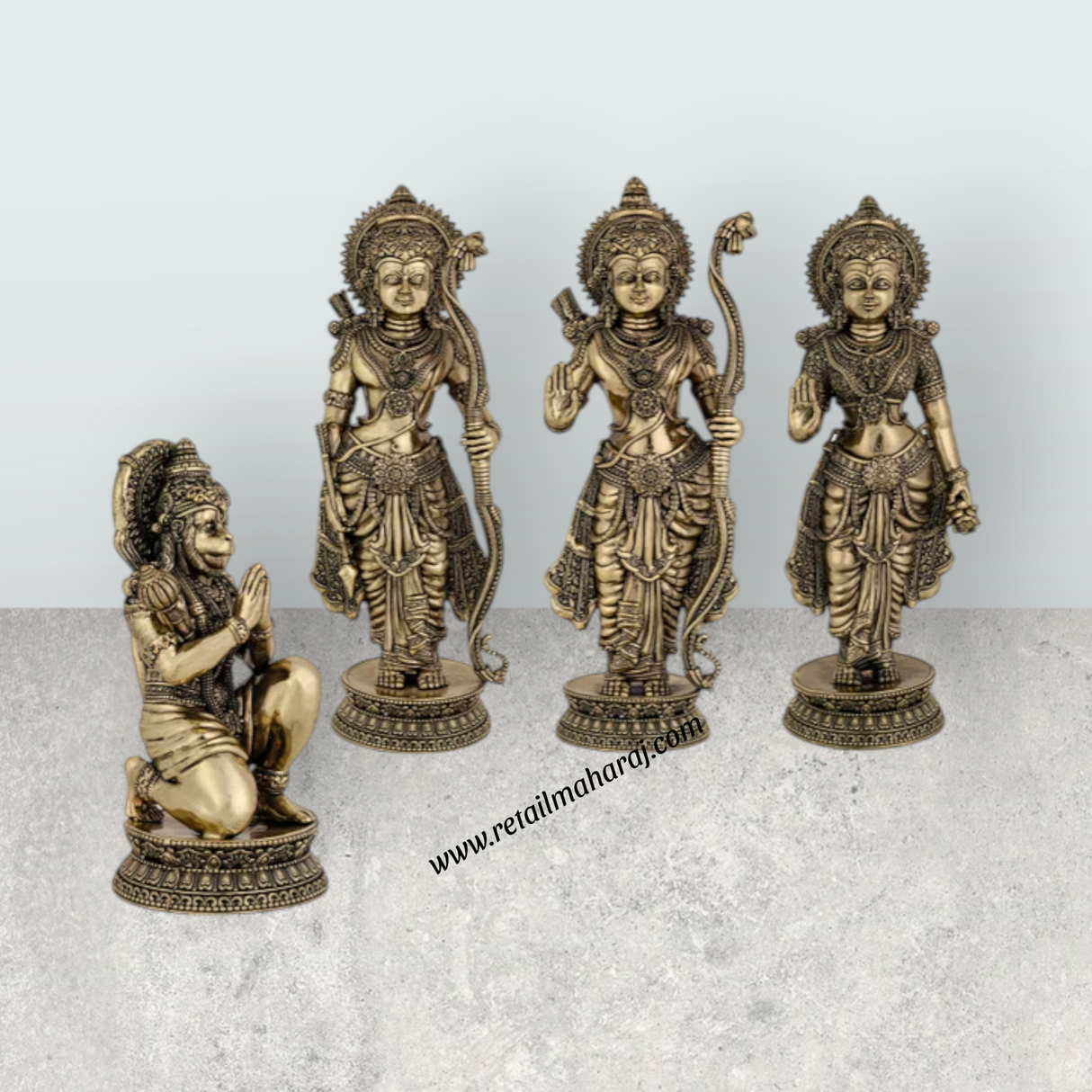Ramar Murti Set - 10 x 3 Inches | Antique Brass Ram Darbar Idol (Sita Ram Laxman Hanuman) - Retail Maharaj