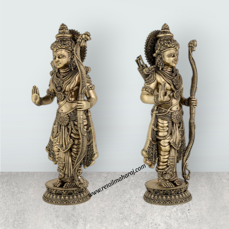 Ramar Murti Set - 10 x 3 Inches | Antique Brass Ram Darbar Idol (Sita Ram Laxman Hanuman) - Retail Maharaj