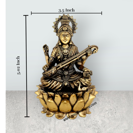 Saraswati Sitting on Kamal Base Murti - 5.25 x 3.5 Inches | Antique Brass Idol - Retail Maharaj