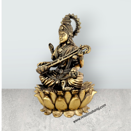 Saraswati Sitting on Kamal Base Murti - 5.25 x 3.5 Inches | Antique Brass Idol - Retail Maharaj