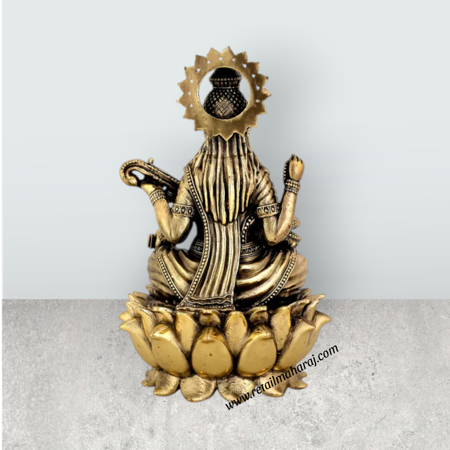 Saraswati Sitting on Kamal Base Murti - 5.25 x 3.5 Inches | Antique Brass Idol - Retail Maharaj