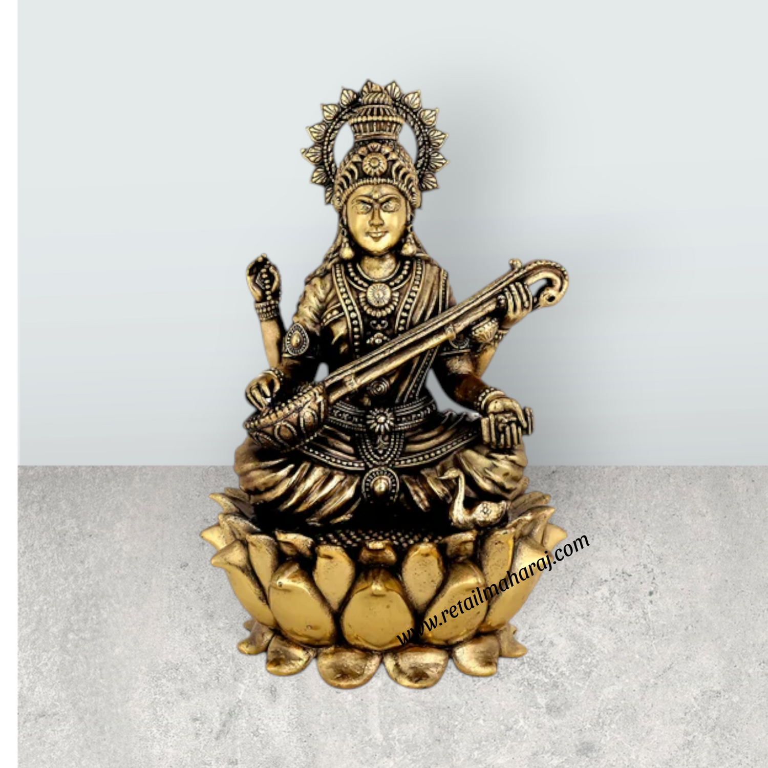 Saraswati Sitting on Kamal Base Murti - 5.25 x 3.5 Inches | Antique Brass Idol - Retail Maharaj