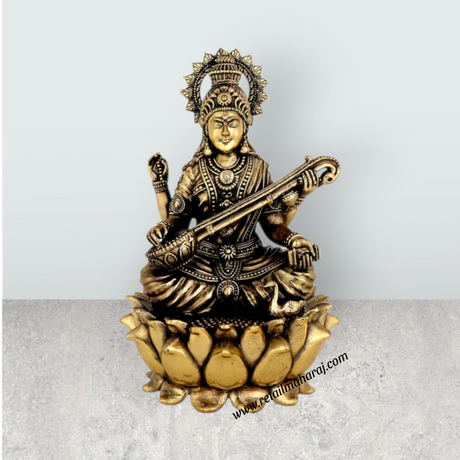 Saraswati Sitting on Kamal Base Murti - 5.25 x 3.5 Inches | Antique Brass Idol - Retail Maharaj