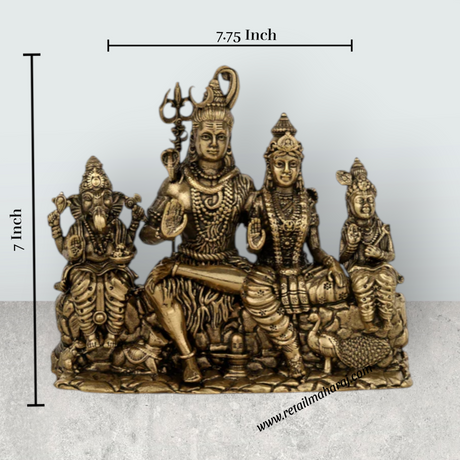 Lord Shiva Family Sitting on Base Murti – Antique Brass Shiv Parivar Idol for Pooja (7 x 7.5 Inches) - Retail Maharaj
