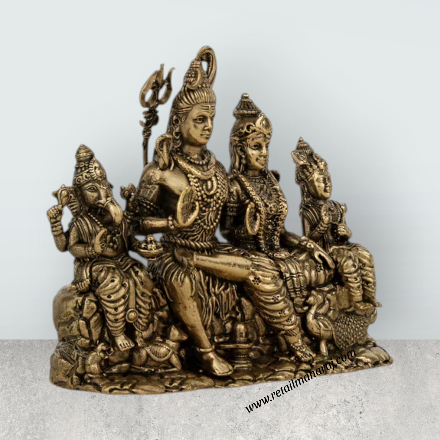 Lord Shiva Family Sitting on Base Murti – Antique Brass Shiv Parivar Idol for Pooja (7 x 7.5 Inches) - Retail Maharaj