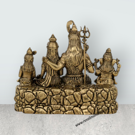 Lord Shiva Family Sitting on Base Murti – Antique Brass Shiv Parivar Idol for Pooja (7 x 7.5 Inches) - Retail Maharaj
