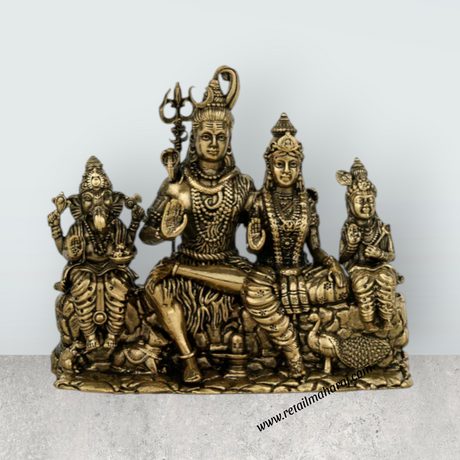 Lord Shiva Family Sitting on Base Murti – Antique Brass Shiv Parivar Idol for Pooja (7 x 7.5 Inches) - Retail Maharaj