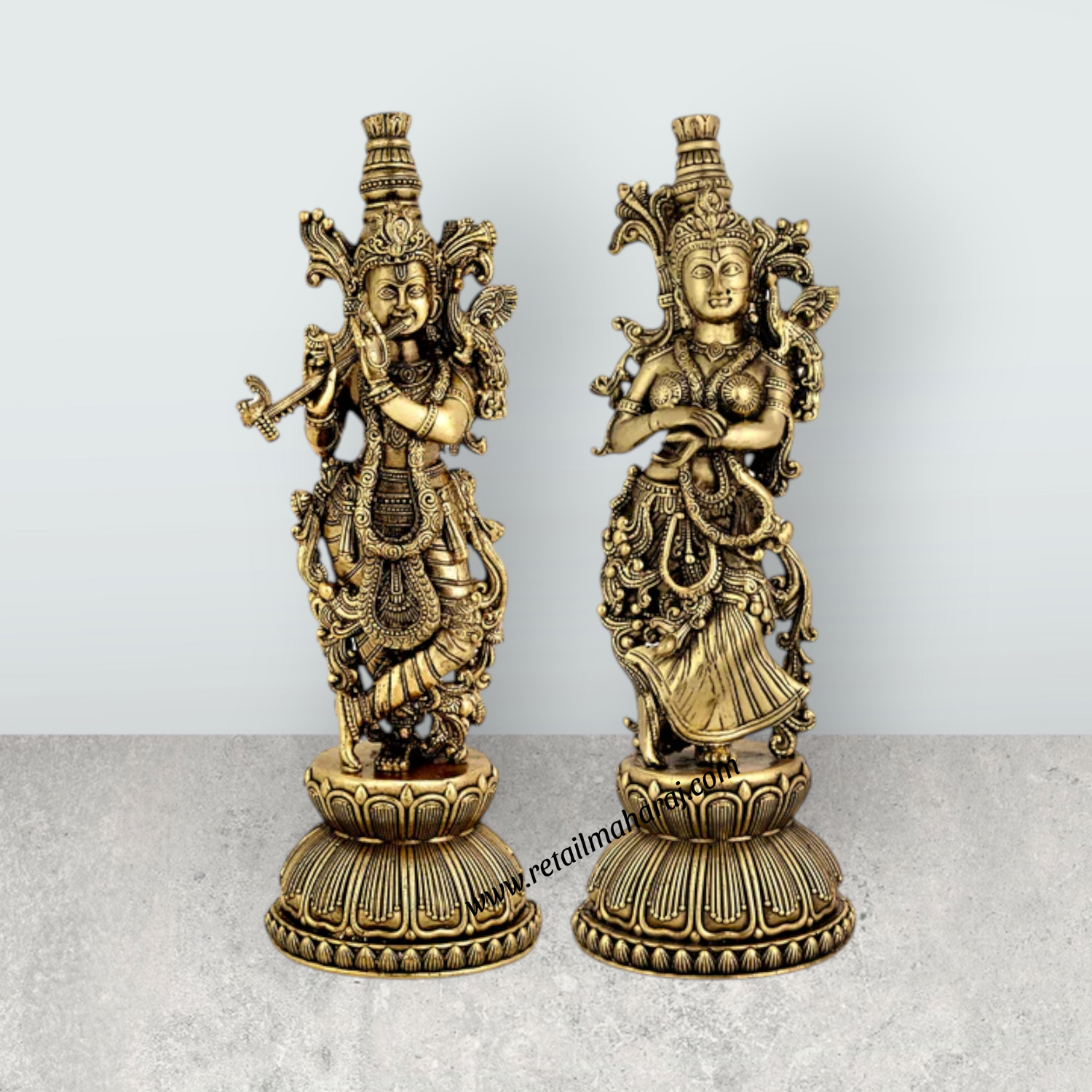 Radha Krishna Standing On Base Murti - 8.5 x 3 Inches | Antique Brass Idol - Retail Maharaj