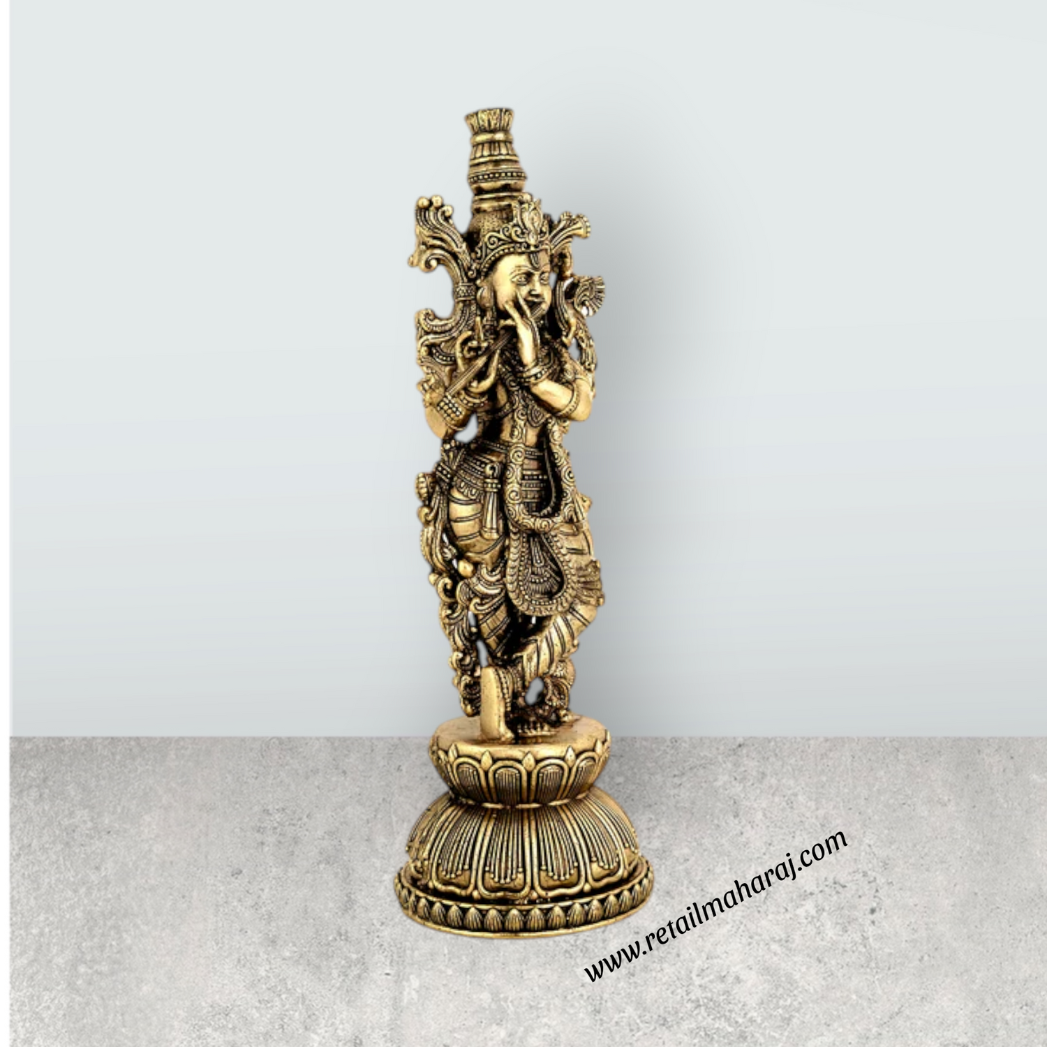 Radha Krishna Standing On Base Murti - 8.5 x 3 Inches | Antique Brass Idol - Retail Maharaj