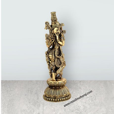 Radha Krishna Standing On Base Murti - 8.5 x 3 Inches | Antique Brass Idol - Retail Maharaj