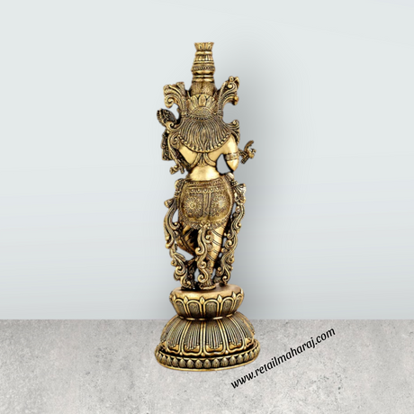 Radha Krishna Standing On Base Murti - 8.5 x 3 Inches | Antique Brass Idol - Retail Maharaj