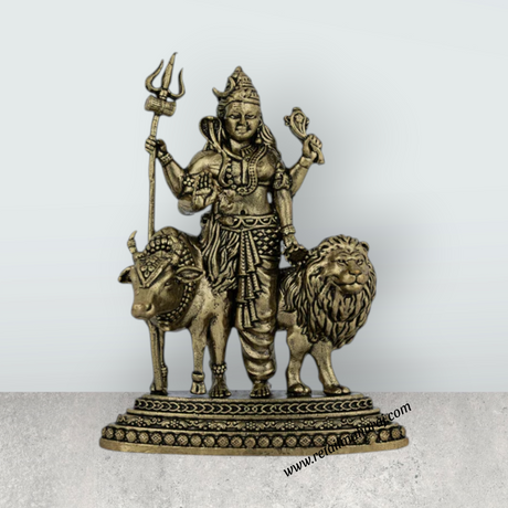 Ardhanareeswarar Murti – Antique Brass Idol / Cow & Lion Base Statue for Home & Pooja (4.5 x 3.5 Inches) - Retail Maharaj
