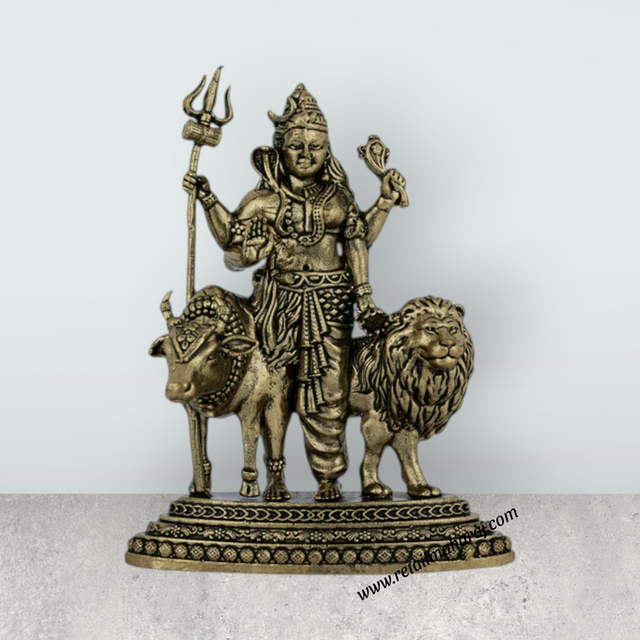Ardhanareeswarar Murti – Antique Brass Idol / Cow & Lion Base Statue for Home & Pooja (4.5 x 3.5 Inches) - Retail Maharaj