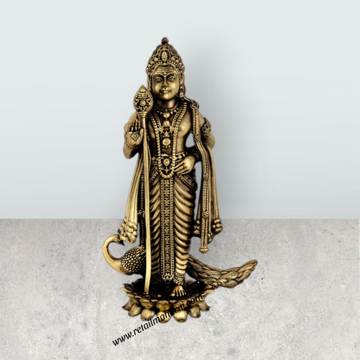 Peacock Murugan Standing On Kamal Base Murti - 6 x 3.5 Inches | Antique Brass Idol / Murugan Decor For Home & Pooja - Retail Maharaj