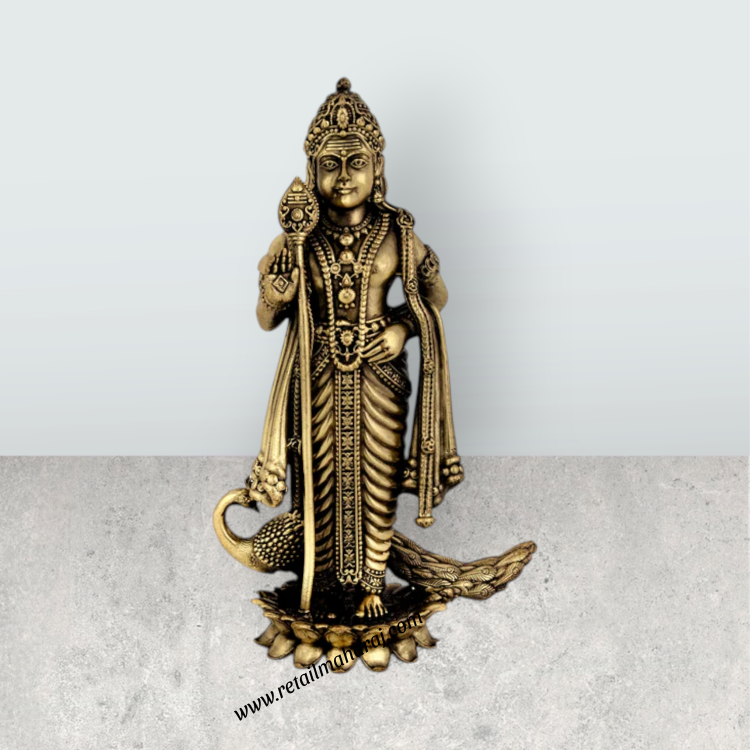Peacock Murugan Standing On Kamal Base Murti - 6 x 3.5 Inches | Antique Brass Idol / Murugan Decor For Home & Pooja - Retail Maharaj