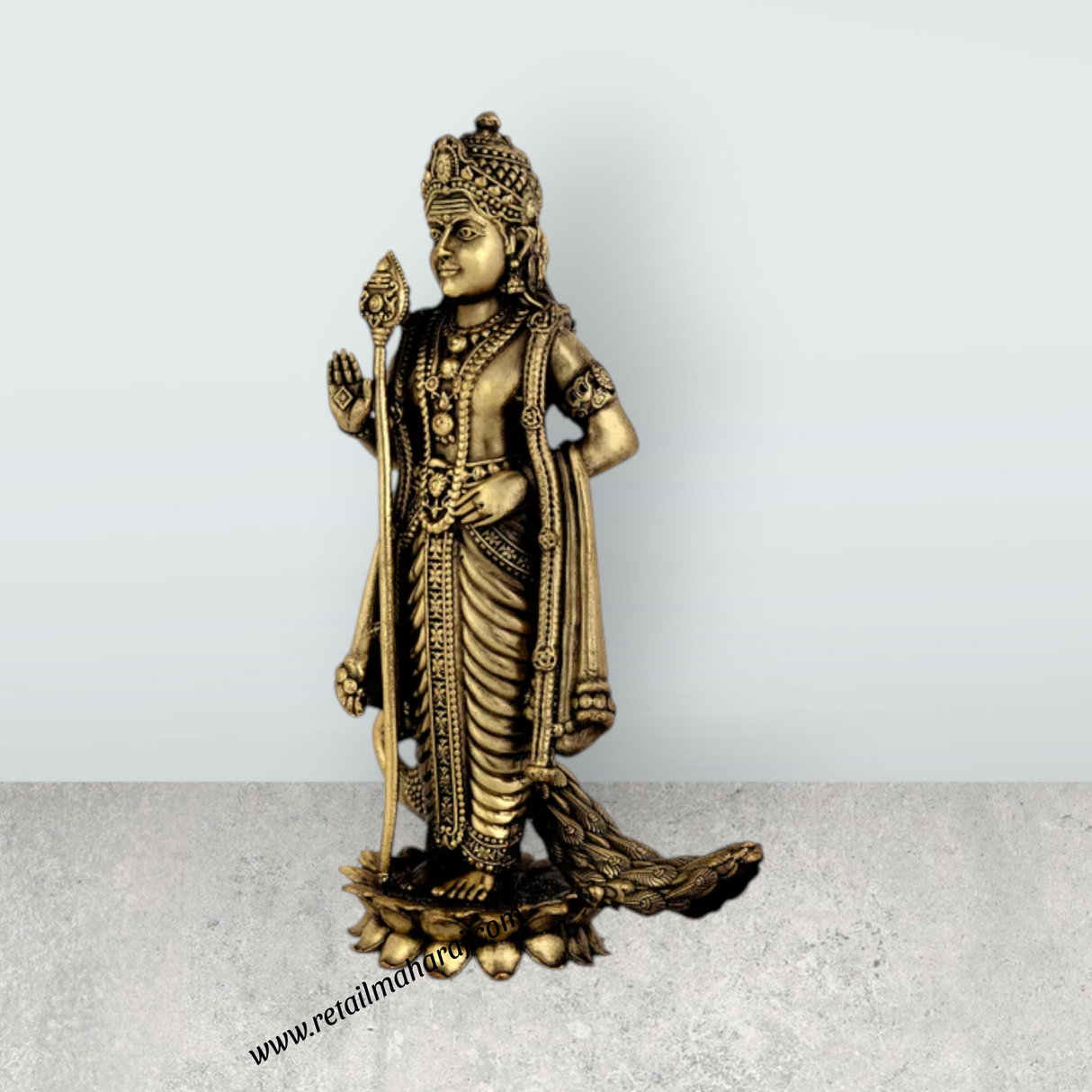 Peacock Murugan Standing On Kamal Base Murti - 6 x 3.5 Inches | Antique Brass Idol / Murugan Decor For Home & Pooja - Retail Maharaj