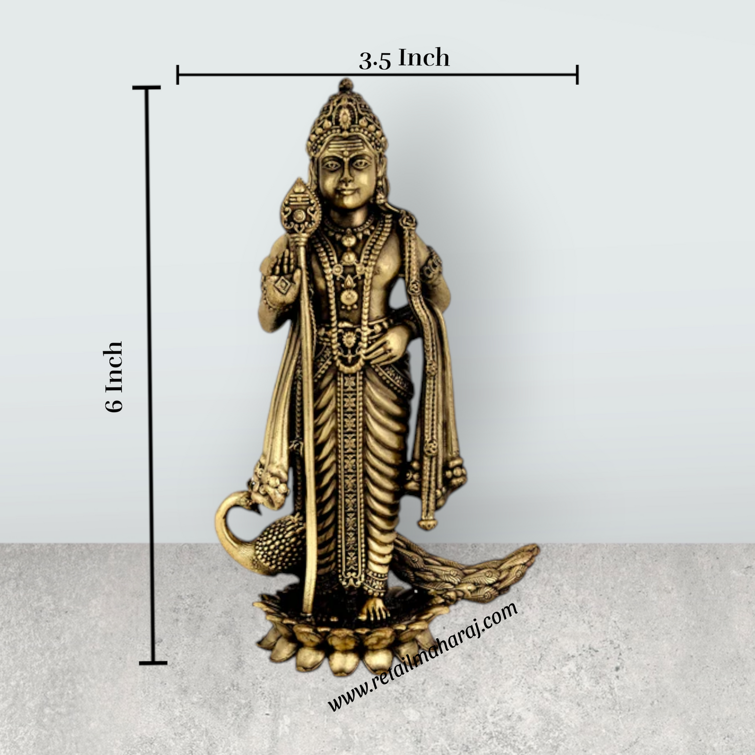 Peacock Murugan Standing On Kamal Base Murti - 6 x 3.5 Inches | Antique Brass Idol / Murugan Decor For Home & Pooja - Retail Maharaj
