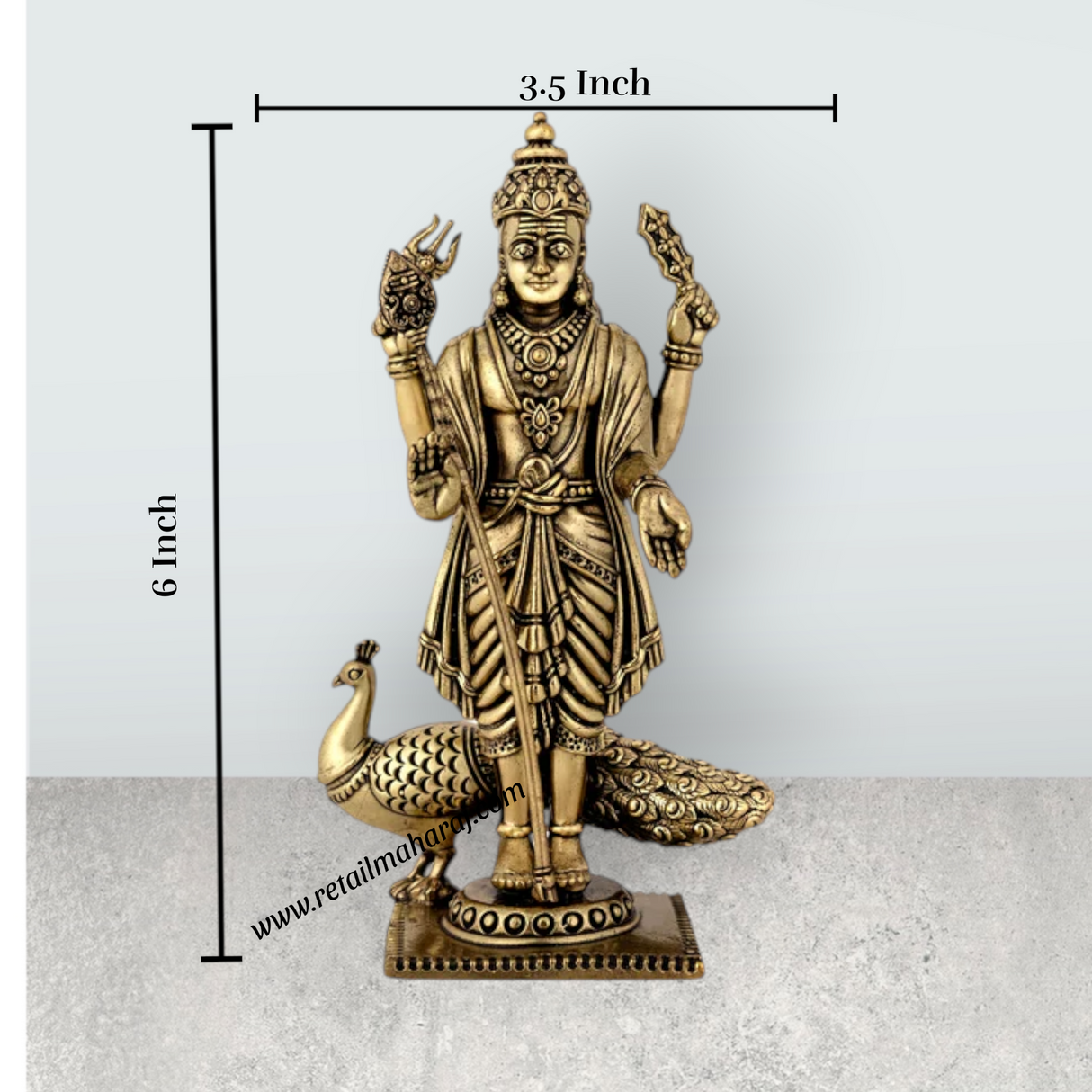 Peacock Murugan Standing On Base Murti - 6 x 3.5 Inches | Antique Brass Idol / Murugan Statue Decor For Home & Pooja - Retail Maharaj