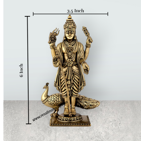 Peacock Murugan Standing On Base Murti - 6 x 3.5 Inches | Antique Brass Idol / Murugan Statue Decor For Home & Pooja - Retail Maharaj