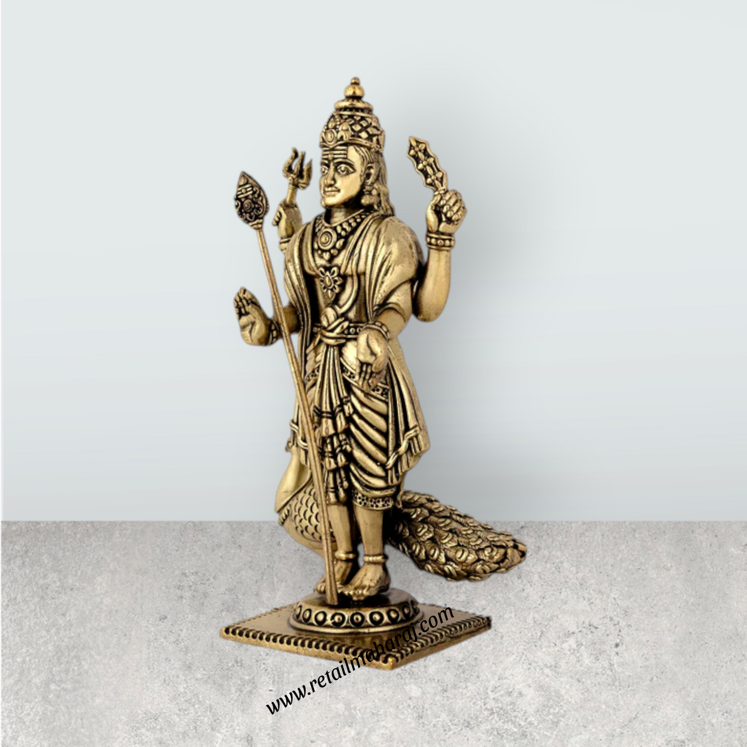 Peacock Murugan Standing On Base Murti - 6 x 3.5 Inches | Antique Brass Idol / Murugan Statue Decor For Home & Pooja - Retail Maharaj