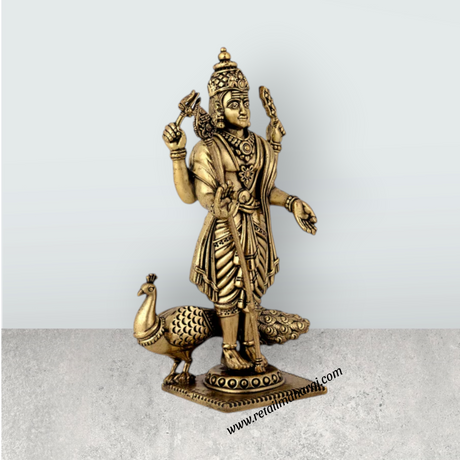 Peacock Murugan Standing On Base Murti - 6 x 3.5 Inches | Antique Brass Idol / Murugan Statue Decor For Home & Pooja - Retail Maharaj
