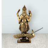 Peacock Murugan Standing On Base Murti - 6 x 3.5 Inches | Antique Brass Idol / Murugan Statue Decor For Home & Pooja - Retail Maharaj