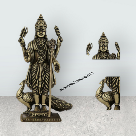 Peacock Murugan Standing On Base Murti - 4 x 2 Inches | Antique Brass Idol - Retail Maharaj