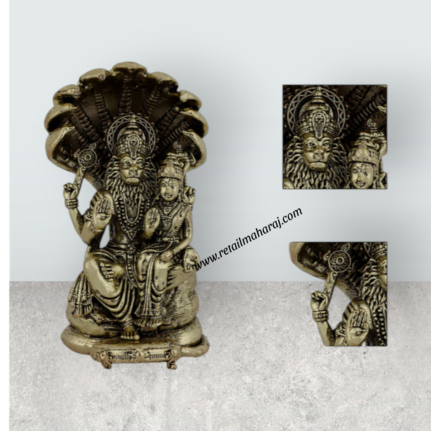 Lakshmi Narasimhar Sitting on Nagam Base Murti - 3 x 2 Inches | Antique Brass Idol - Retail Maharaj
