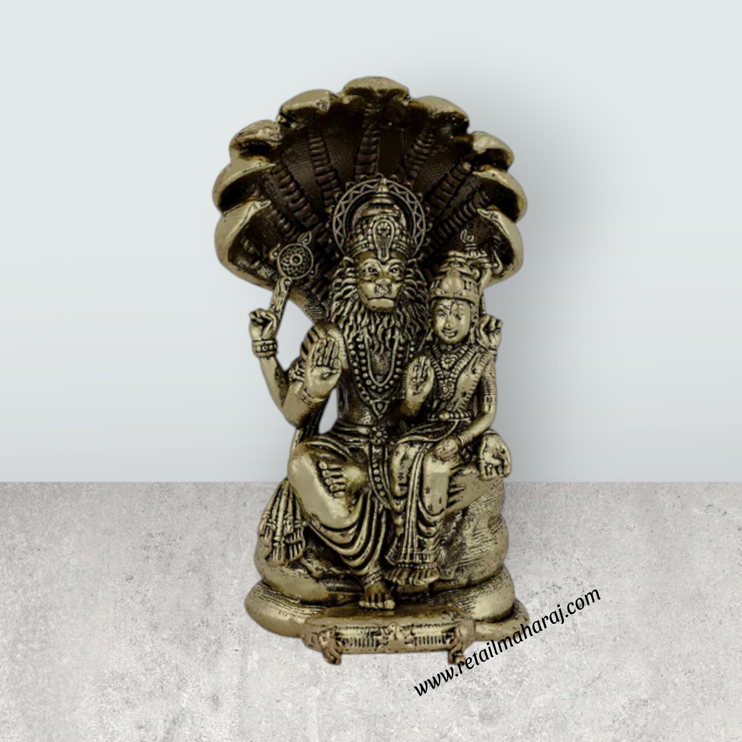 Lakshmi Narasimhar Sitting on Nagam Base Murti - 3 x 2 Inches | Antique Brass Idol - Retail Maharaj
