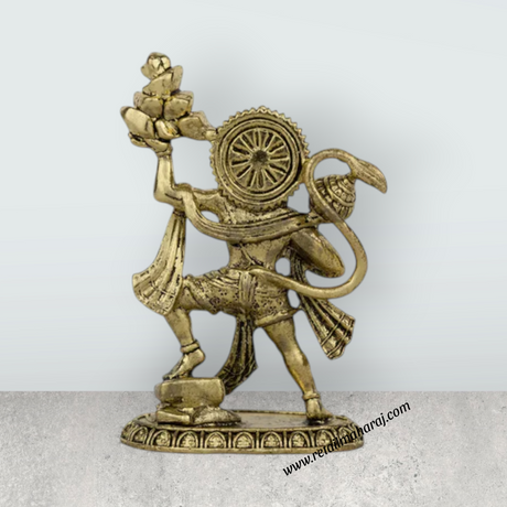 Sanjeevi Hanuman Murti – Antique Brass Anjaneya Statue for Home Pooja & Protection (4 x 2.5 Inches) - Retail Maharaj
