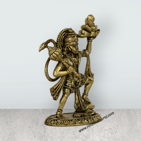 Hanuman Statue Lifting Sanjeevi Mountain Murti - 3.5 x 2.25 Inches | Antique Brass Idol / Anjaneya Statue - Retail Maharaj