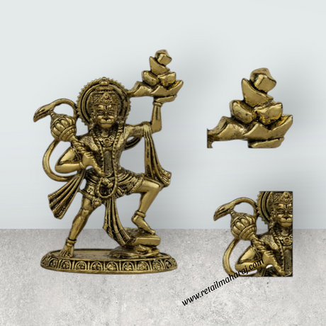 Hanuman Statue Lifting Sanjeevi Mountain Murti - 3.5 x 2.25 Inches | Antique Brass Idol / Anjaneya Statue - Retail Maharaj