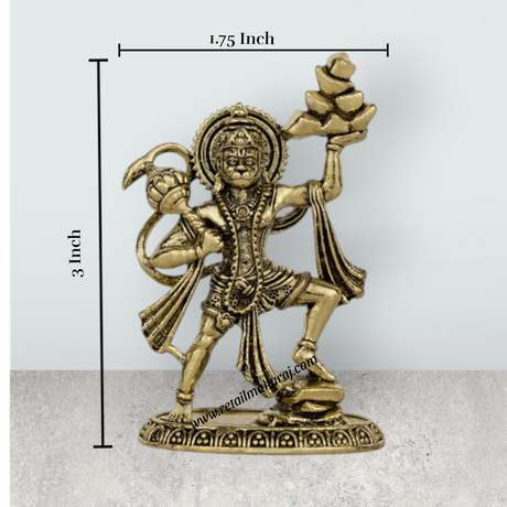 Hanuman Murti Lifting Sanjeevi Mountain – 3 x 1.75 Inches | Antique Brass Idol / Anjaneya Statue For Pooja Room - Retail Maharaj