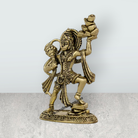 Hanuman Murti Lifting Sanjeevi Mountain – 3 x 1.75 Inches | Antique Brass Idol / Anjaneya Statue For Pooja Room - Retail Maharaj