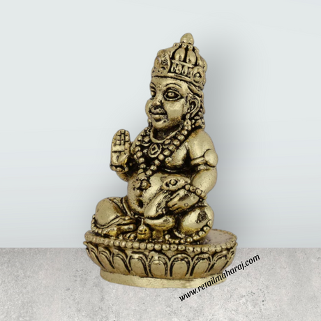 Kubera Sitting On Base Murti - 1.5 x 0.75 Inches | Antique Brass Statue / Kubera Idol for Home & Pooja - Retail Maharaj
