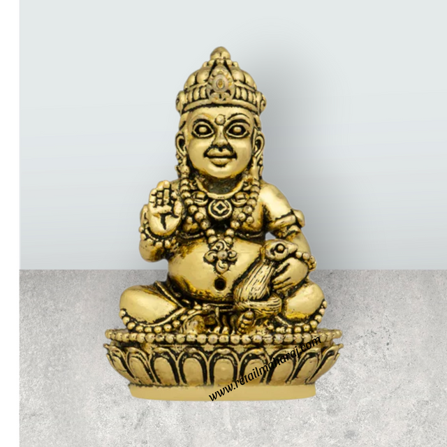Kubera Statue Sitting On Base - 2 X 1 Inches | Antique Brass Idol / Kuber Murti For Wealth And Prosperity - Retail Maharaj