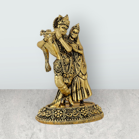 Radha Krishna Standing On Base Murti - 3.75 x 2.5 Inches | Antique Brass Idol / Radha Krishna Statue For Home - Retail Maharaj