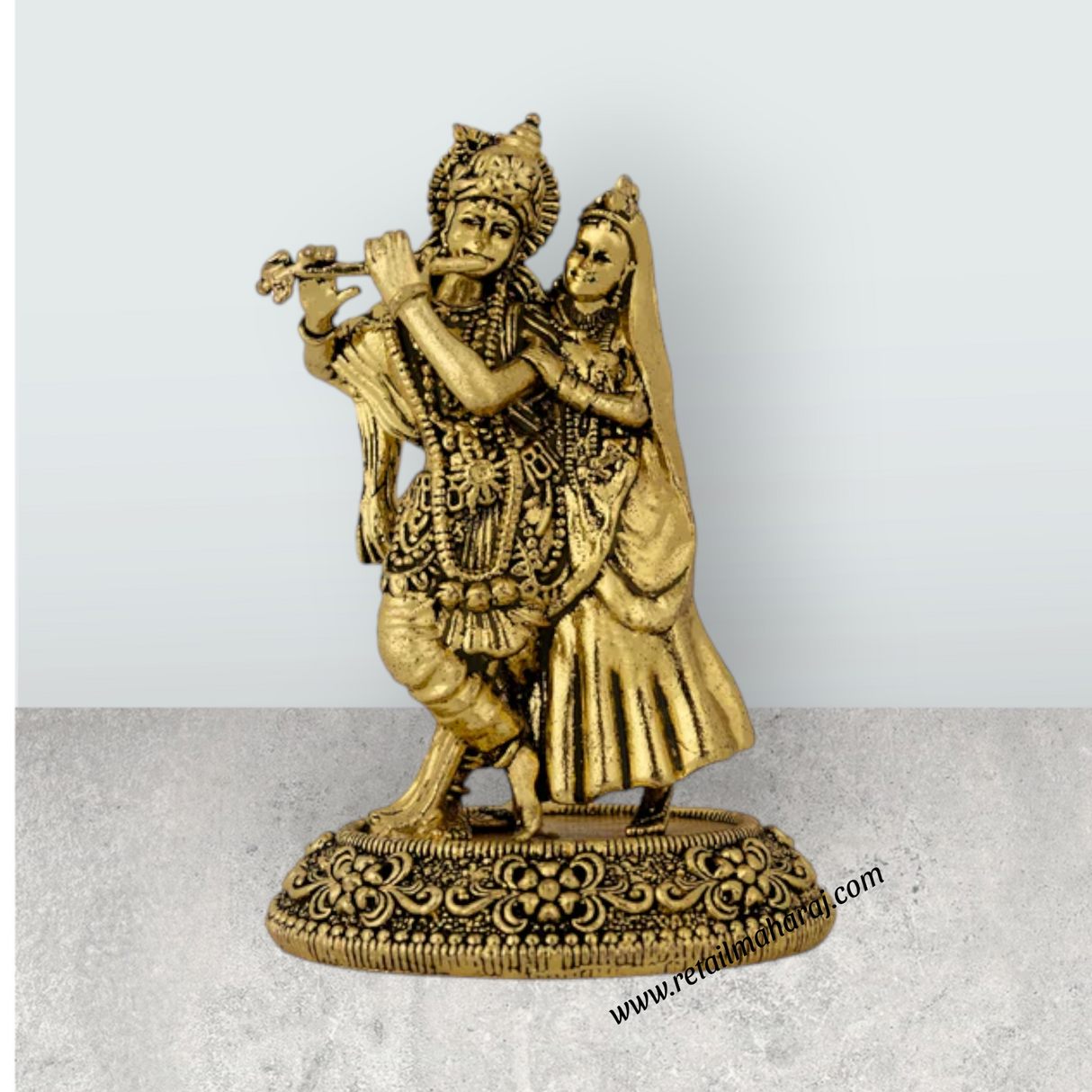 Radha Krishna Standing On Base Murti - 3.75 x 2.5 Inches | Antique Brass Idol / Radha Krishna Statue For Home - Retail Maharaj