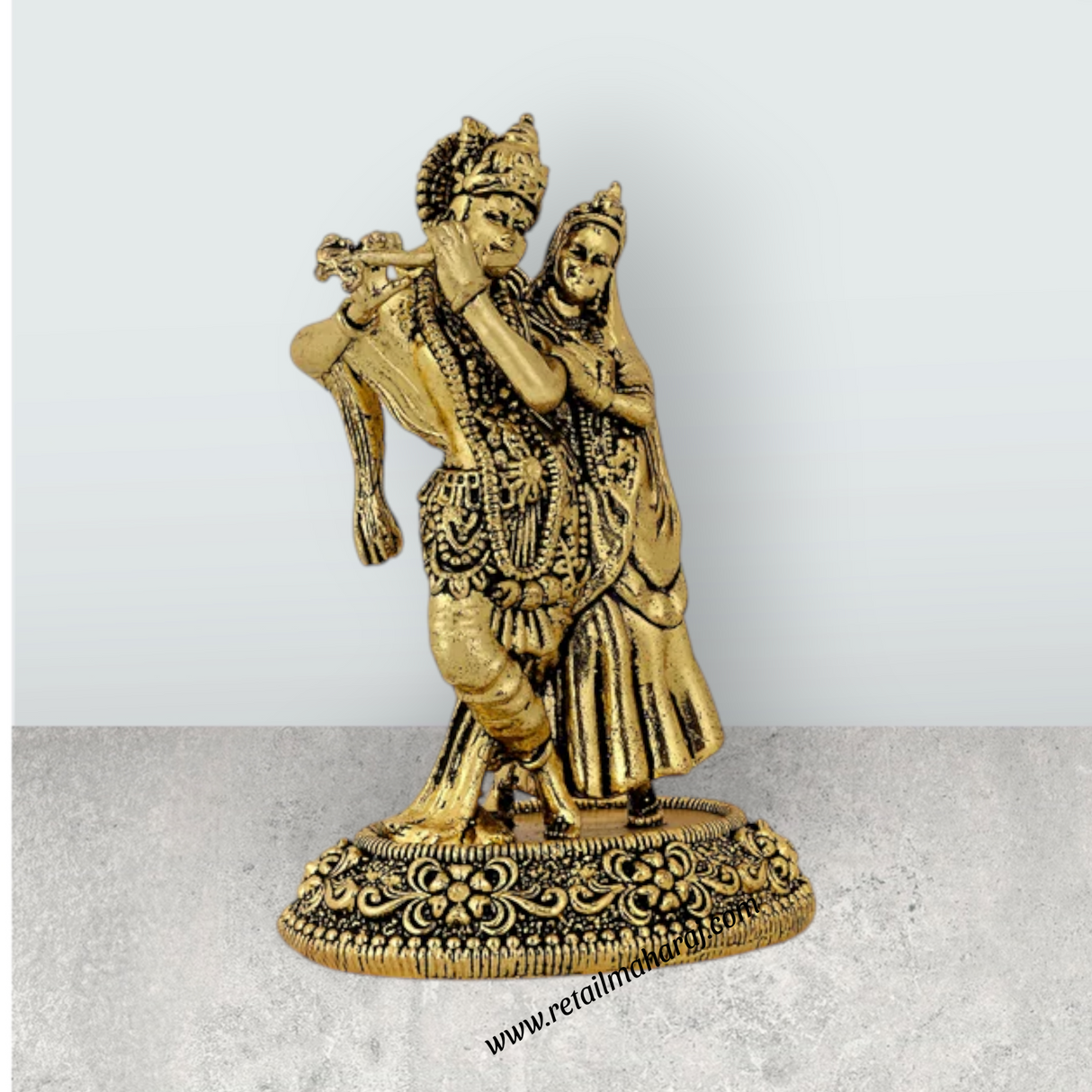 Radha Krishna Standing On Base Murti - 3.25 x 2 Inches | Antique Brass Idol / Radha Krishna Statue For Home - Retail Maharaj