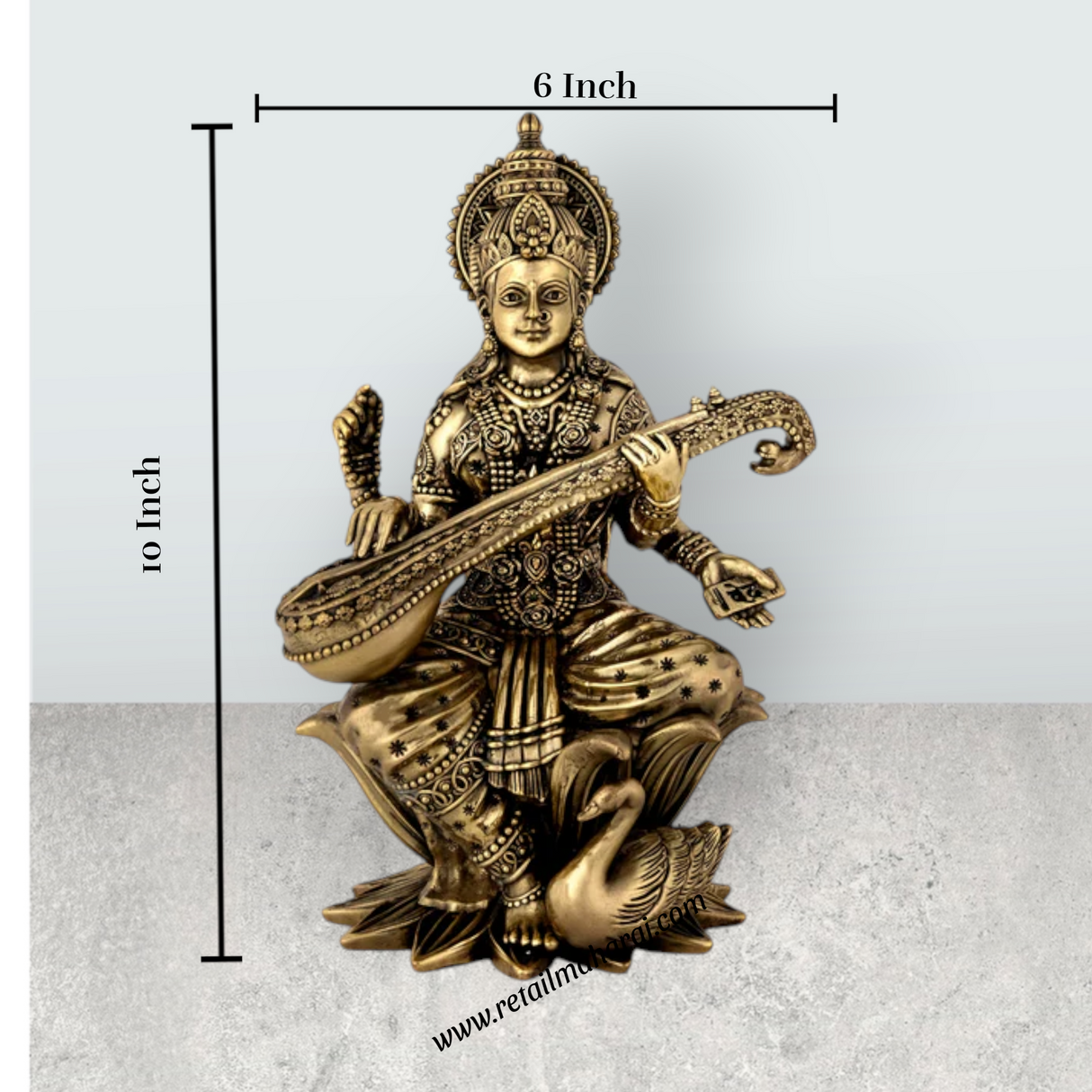 Saraswati Sitting on Kamal Base Murti - 10 x 6 inches | Antique Brass Idol / Vagdevi with Arch Statue for Pooja - Retail Maharaj