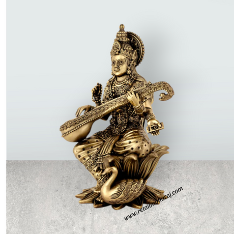 Saraswati Sitting on Kamal Base Murti - 10 x 6 inches | Antique Brass Idol / Vagdevi with Arch Statue for Pooja - Retail Maharaj