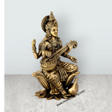 Saraswati Sitting on Kamal Base Murti - 10 x 6 inches | Antique Brass Idol / Vagdevi with Arch Statue for Pooja - Retail Maharaj