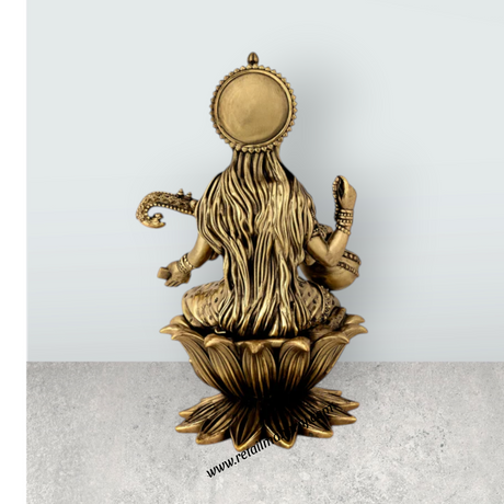 Saraswati Sitting on Kamal Base Murti - 10 x 6 inches | Antique Brass Idol / Vagdevi with Arch Statue for Pooja - Retail Maharaj