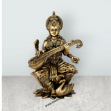 Saraswati Sitting on Kamal Base Murti - 10 x 6 inches | Antique Brass Idol / Vagdevi with Arch Statue for Pooja - Retail Maharaj